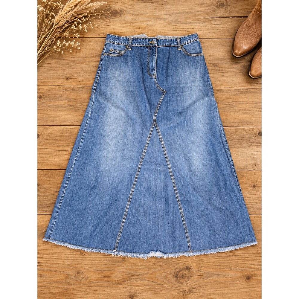 Long Tall Sally Denim Maxi Skirt Size 16 Western Boho Prairie A-Line Raw Hem